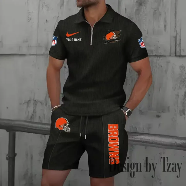 Cleveland Browns New Summer Waffle Zip-up Lapel Short-Sleeve Suit Sets SPTWZSSSTS008 - Image 3