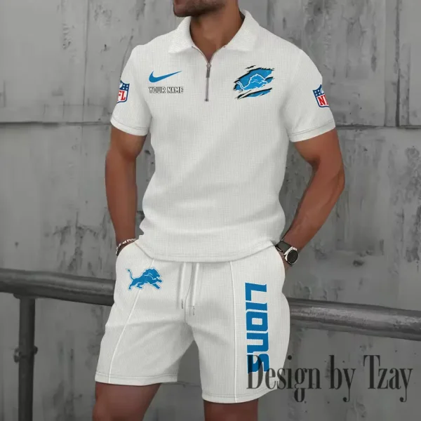 Detroit Lions New Summer Waffle Zip-up Lapel Short-Sleeve Suit Sets SPTWZSSSTS011 - Image 3