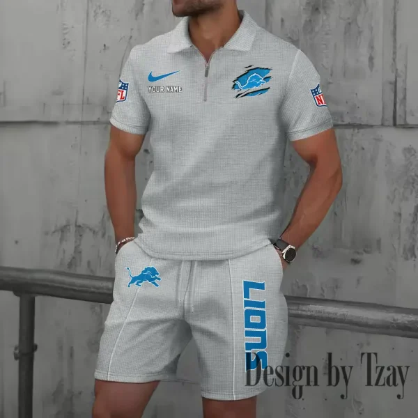 Detroit Lions New Summer Waffle Zip-up Lapel Short-Sleeve Suit Sets SPTWZSSSTS011 - Image 4
