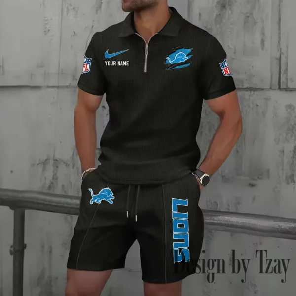 Detroit Lions New Summer Waffle Zip-up Lapel Short-Sleeve Suit Sets SPTWZSSSTS011 - Image 5