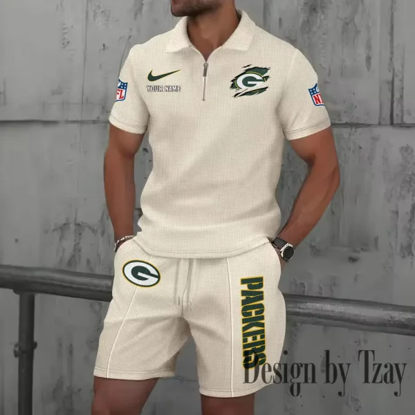 Green Bay Packers New Summer Waffle Zip-up Lapel Short-Sleeve Suit Sets SPTWZSSSTS012