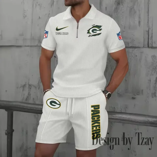 Green Bay Packers New Summer Waffle Zip-up Lapel Short-Sleeve Suit Sets SPTWZSSSTS012 - Image 2
