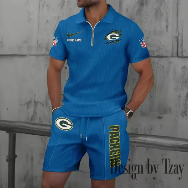 Green Bay Packers New Summer Waffle Zip-up Lapel Short-Sleeve Suit Sets SPTWZSSSTS012 - Image 3