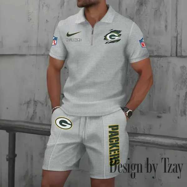 Green Bay Packers New Summer Waffle Zip-up Lapel Short-Sleeve Suit Sets SPTWZSSSTS012 - Image 4