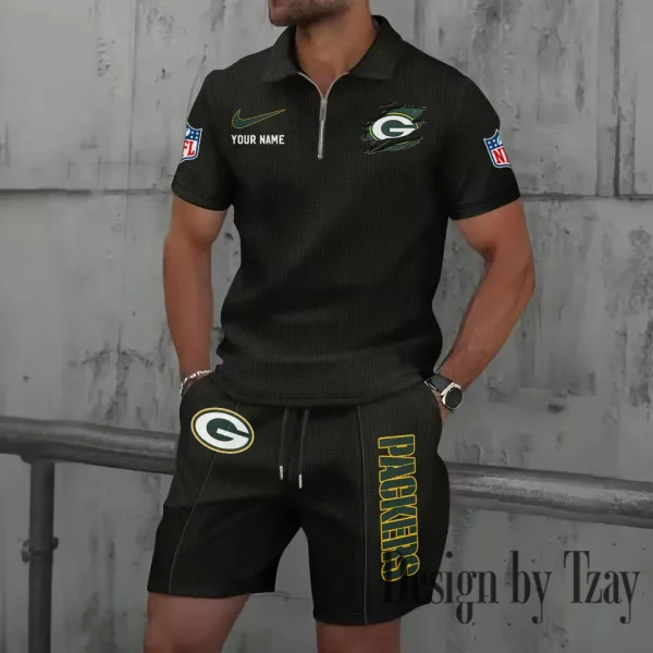 Green Bay Packers New Summer Waffle Zip-up Lapel Short-Sleeve Suit Sets SPTWZSSSTS012 - Image 5