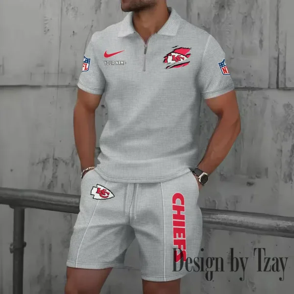 Kansas City Chiefs New Summer Waffle Zip-up Lapel Short-Sleeve Suit Sets SPTWZSSSTS016 - Image 2