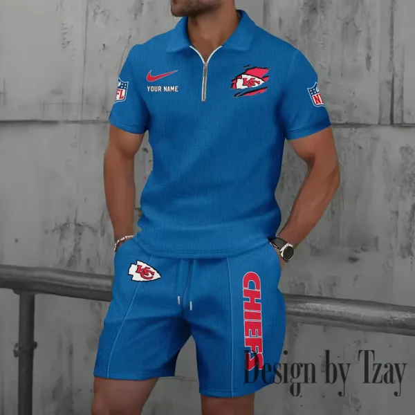 Kansas City Chiefs New Summer Waffle Zip-up Lapel Short-Sleeve Suit Sets SPTWZSSSTS016 - Image 3