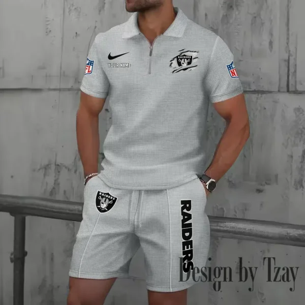 Las Vegas Raiders New Summer Waffle Zip-up Lapel Short-Sleeve Suit Sets SPTWZSSSTS017