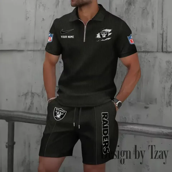 Las Vegas Raiders New Summer Waffle Zip-up Lapel Short-Sleeve Suit Sets SPTWZSSSTS017 - Image 3