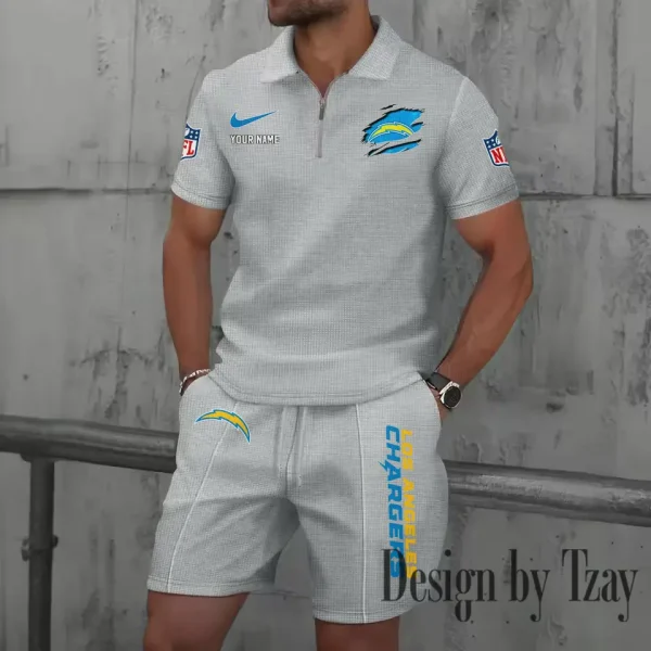 Los Angeles Chargers New Summer Waffle Zip-up Lapel Short-Sleeve Suit Sets SPTWZSSSTS018 - Image 2