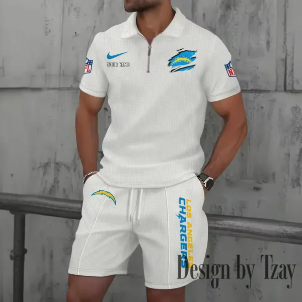 Los Angeles Chargers New Summer Waffle Zip-up Lapel Short-Sleeve Suit Sets SPTWZSSSTS018 - Image 3