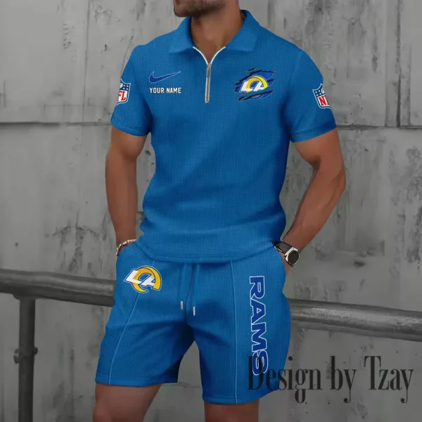 Los Angeles Rams New Summer Waffle Zip-up Lapel Short-Sleeve Suit Sets SPTWZSSSTS019 - Image 3
