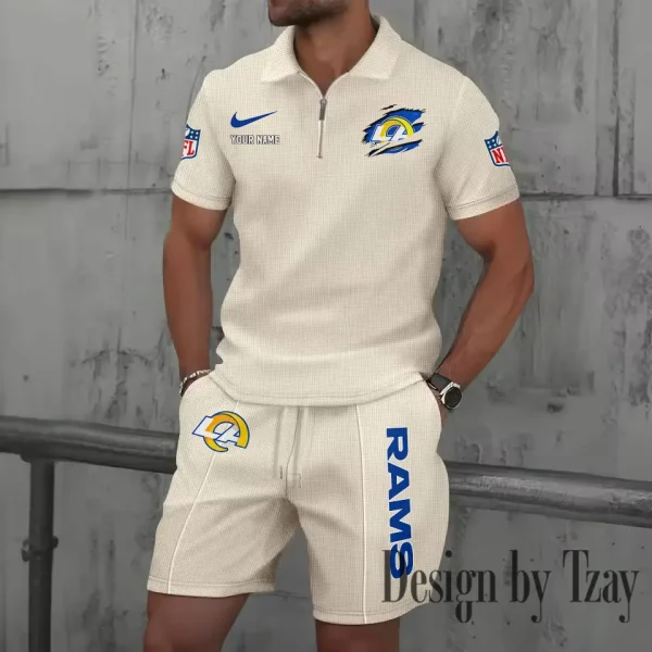 Los Angeles Rams New Summer Waffle Zip-up Lapel Short-Sleeve Suit Sets SPTWZSSSTS019 - Image 5