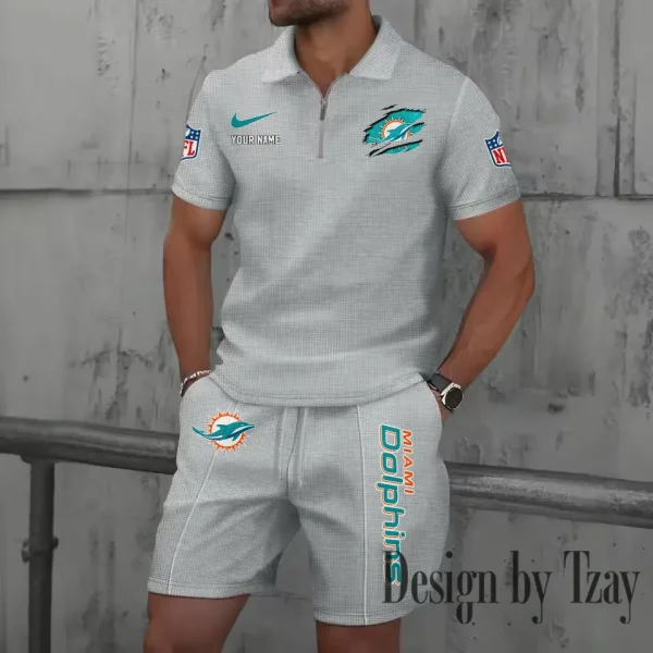 Miami Dolphins New Summer Waffle Zip-up Lapel Short-Sleeve Suit Sets SPTWZSSSTS020 - Image 2