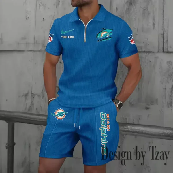 Miami Dolphins New Summer Waffle Zip-up Lapel Short-Sleeve Suit Sets SPTWZSSSTS020 - Image 4