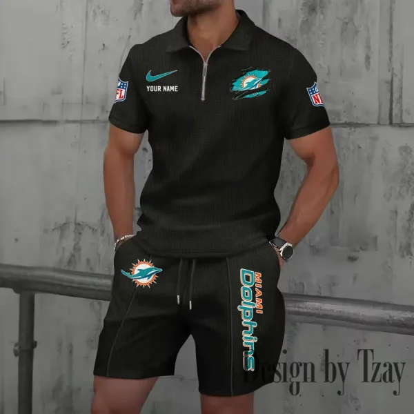 Miami Dolphins New Summer Waffle Zip-up Lapel Short-Sleeve Suit Sets SPTWZSSSTS020 - Image 5