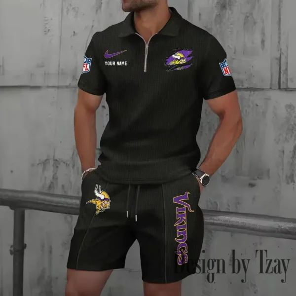 Minnesota Vikings New Summer Waffle Zip-up Lapel Short-Sleeve Suit Sets SPTWZSSSTS021 - Image 2