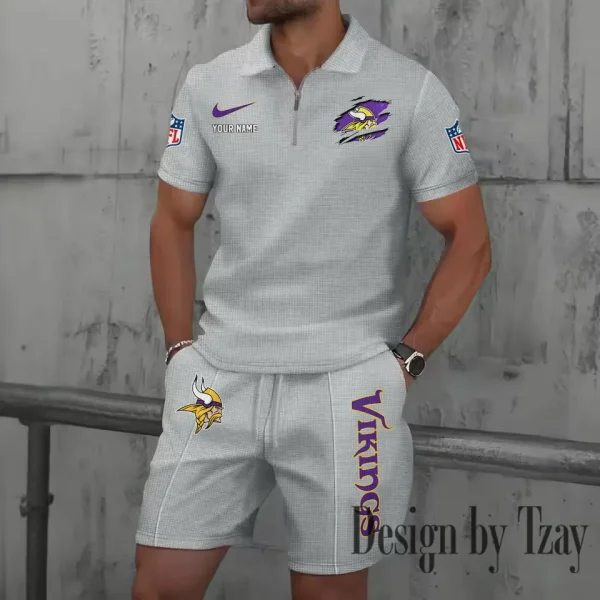 Minnesota Vikings New Summer Waffle Zip-up Lapel Short-Sleeve Suit Sets SPTWZSSSTS021 - Image 3