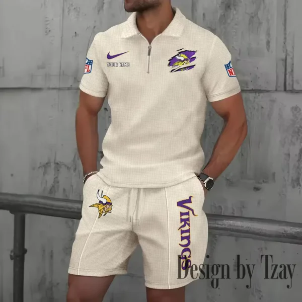 Minnesota Vikings New Summer Waffle Zip-up Lapel Short-Sleeve Suit Sets SPTWZSSSTS021 - Image 4