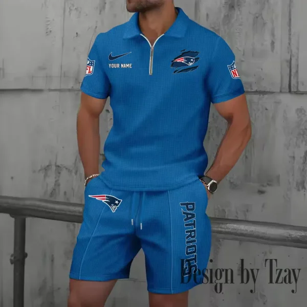 New England Patriots New Summer Waffle Zip-up Lapel Short-Sleeve Suit Sets SPTWZSSSTS022 - Image 2