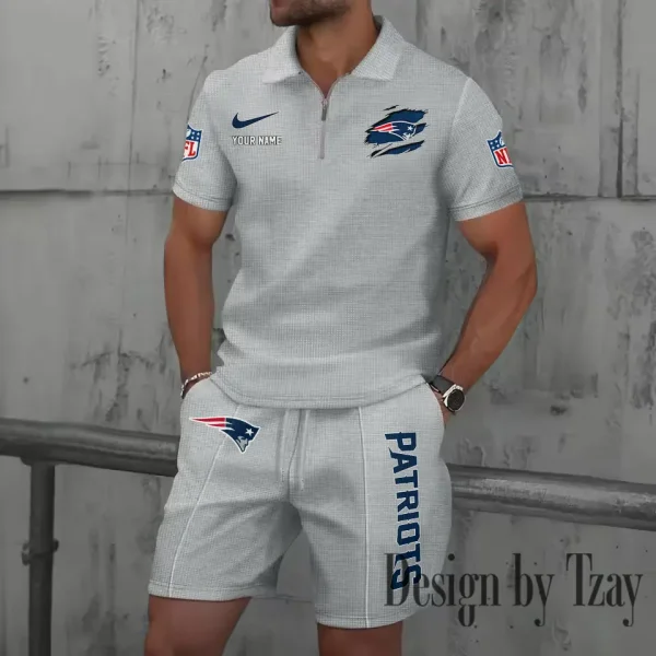 New England Patriots New Summer Waffle Zip-up Lapel Short-Sleeve Suit Sets SPTWZSSSTS022 - Image 3