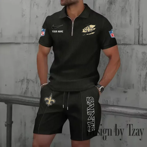 New Orleans Saints New Summer Waffle Zip-up Lapel Short-Sleeve Suit Sets SPTWZSSSTS023 - Image 3