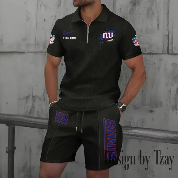 New York Giants New Summer Waffle Zip-up Lapel Short-Sleeve Suit Sets SPTWZSSSTS024