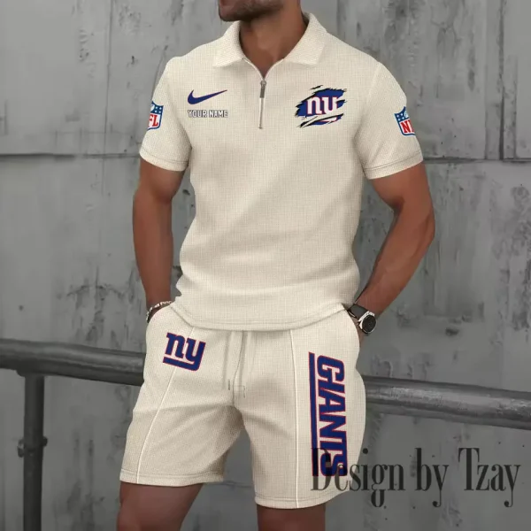 New York Giants New Summer Waffle Zip-up Lapel Short-Sleeve Suit Sets SPTWZSSSTS024 - Image 2