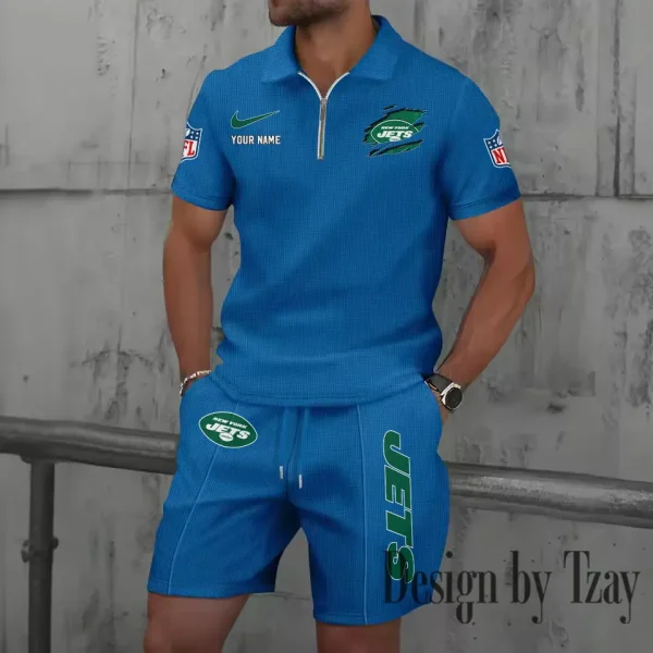 New York Jets New Summer Waffle Zip-up Lapel Short-Sleeve Suit Sets SPTWZSSSTS025 - Image 2