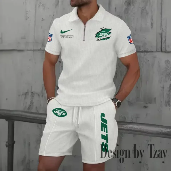 New York Jets New Summer Waffle Zip-up Lapel Short-Sleeve Suit Sets SPTWZSSSTS025