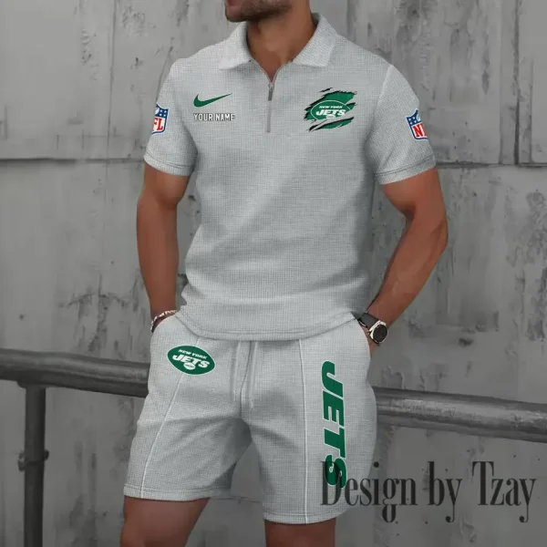 New York Jets New Summer Waffle Zip-up Lapel Short-Sleeve Suit Sets SPTWZSSSTS025 - Image 3