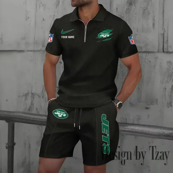 New York Jets New Summer Waffle Zip-up Lapel Short-Sleeve Suit Sets SPTWZSSSTS025 - Image 5