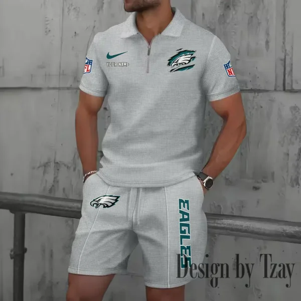 Philadelphia Eagles New Summer Waffle Zip-up Lapel Short-Sleeve Suit Sets SPTWZSSSTS026 - Image 4
