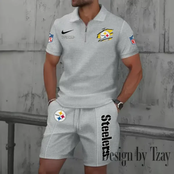 Pittsburgh Steelers New Summer Waffle Zip-up Lapel Short-Sleeve Suit Sets SPTWZSSSTS027 - Image 2
