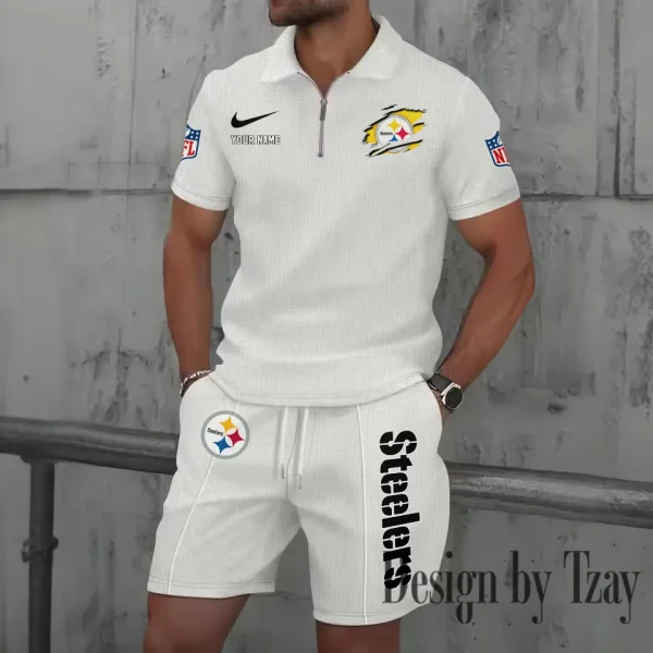 Pittsburgh Steelers New Summer Waffle Zip-up Lapel Short-Sleeve Suit Sets SPTWZSSSTS027 - Image 3