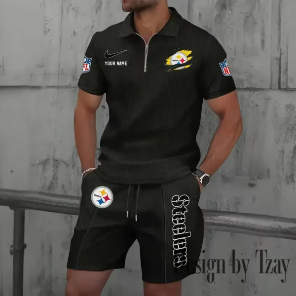 Pittsburgh Steelers New Summer Waffle Zip-up Lapel Short-Sleeve Suit Sets SPTWZSSSTS027 - Image 4