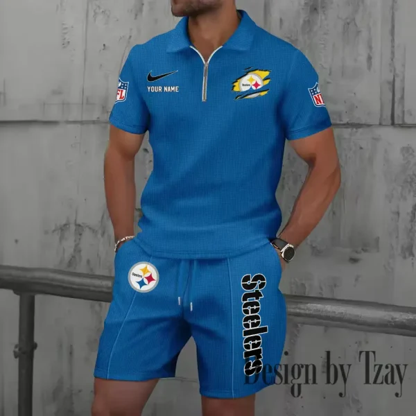 Pittsburgh Steelers New Summer Waffle Zip-up Lapel Short-Sleeve Suit Sets SPTWZSSSTS027 - Image 5