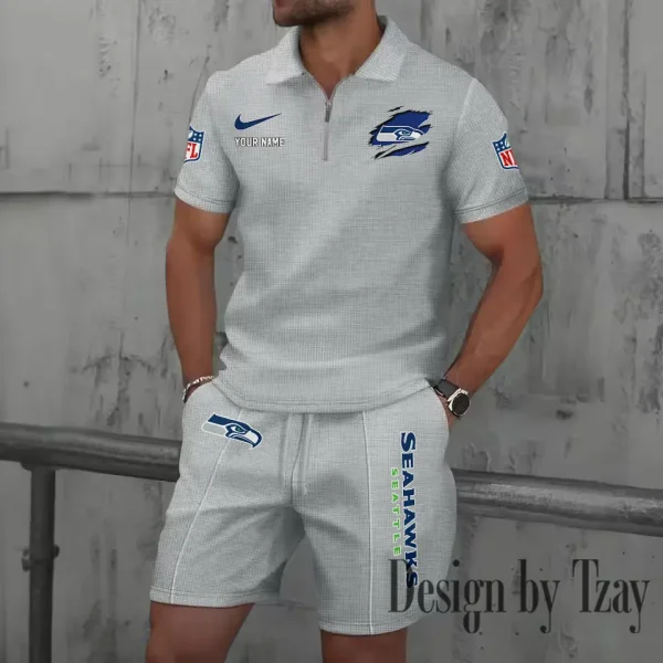 Seattle Seahawks New Summer Waffle Zip-up Lapel Short-Sleeve Suit Sets SPTWZSSSTS029 - Image 2