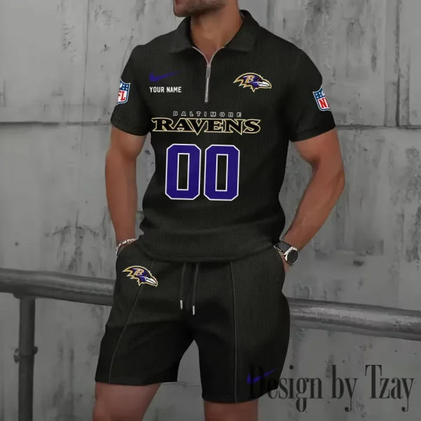 Baltimore Ravens New Summer Waffle Zip-up Lapel Short-Sleeve Suit Sets SPTWZSSSTS035