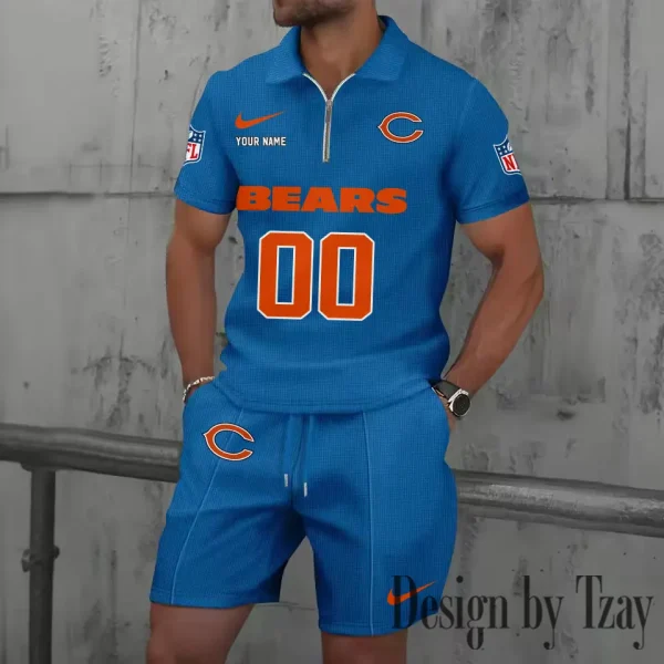 Chicago Bears New Summer Waffle Zip-up Lapel Short-Sleeve Suit Sets SPTWZSSSTS038 - Image 3