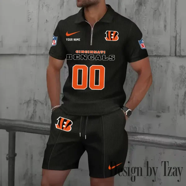 Cincinnati Bengals New Summer Waffle Zip-up Lapel Short-Sleeve Suit Sets SPTWZSSSTS039 - Image 2
