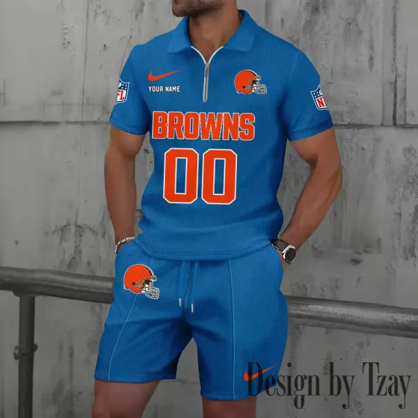 Cleveland Browns New Summer Waffle Zip-up Lapel Short-Sleeve Suit Sets SPTWZSSSTS040 - Image 2