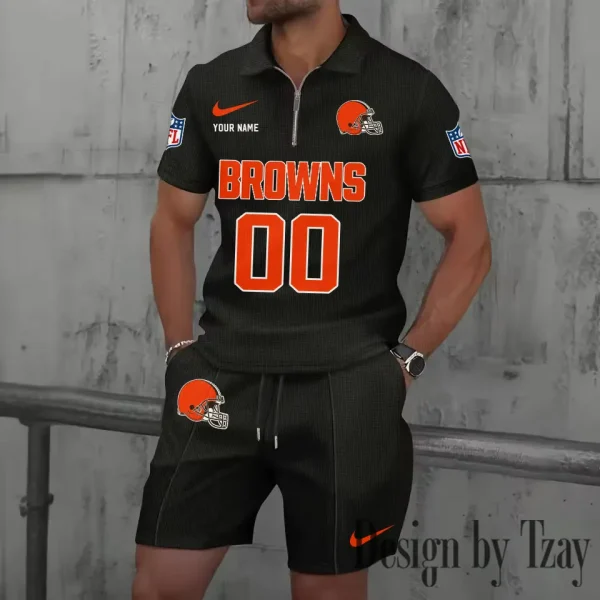Cleveland Browns New Summer Waffle Zip-up Lapel Short-Sleeve Suit Sets SPTWZSSSTS040 - Image 3