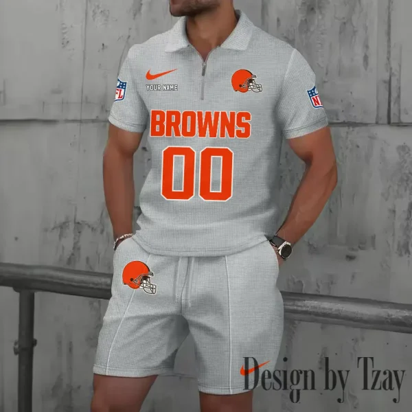 Cleveland Browns New Summer Waffle Zip-up Lapel Short-Sleeve Suit Sets SPTWZSSSTS040 - Image 4