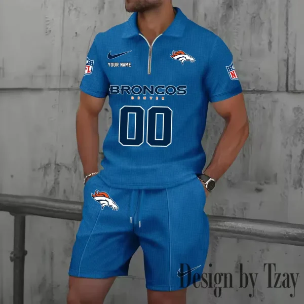Denver Broncos New Summer Waffle Zip-up Lapel Short-Sleeve Suit Sets SPTWZSSSTS042 - Image 2