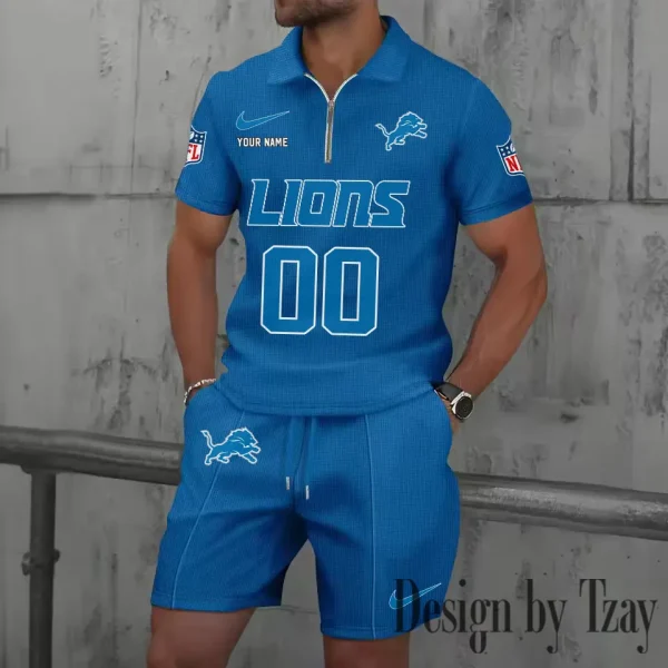 Detroit Lions New Summer Waffle Zip-up Lapel Short-Sleeve Suit Sets SPTWZSSSTS043 - Image 2