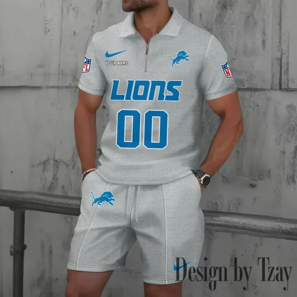 Detroit Lions New Summer Waffle Zip-up Lapel Short-Sleeve Suit Sets SPTWZSSSTS043 - Image 3