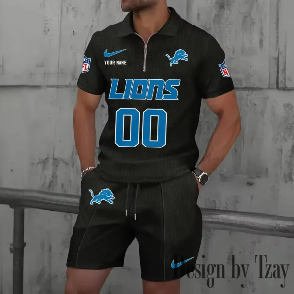 Detroit Lions New Summer Waffle Zip-up Lapel Short-Sleeve Suit Sets SPTWZSSSTS043 - Image 4