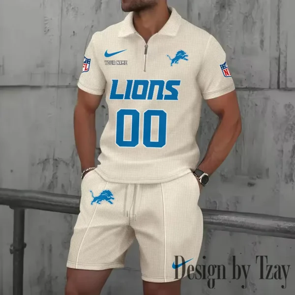 Detroit Lions New Summer Waffle Zip-up Lapel Short-Sleeve Suit Sets SPTWZSSSTS043 - Image 5