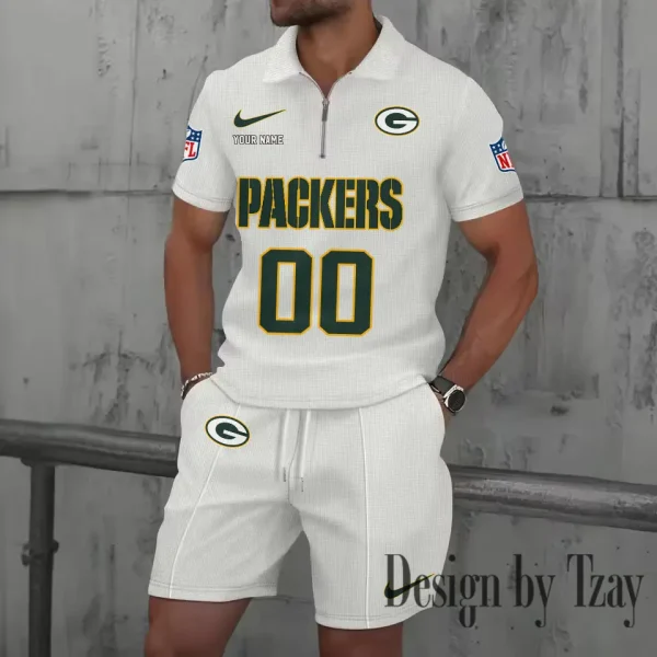 Green Bay Packers New Summer Waffle Zip-up Lapel Short-Sleeve Suit Sets SPTWZSSSTS044